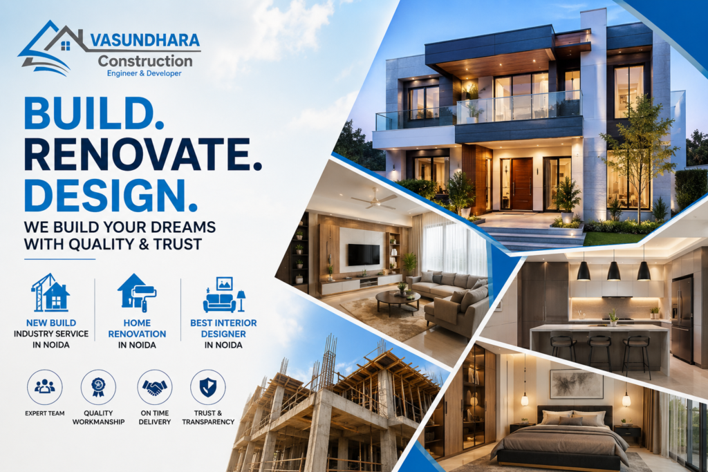 Modern home construction and interior design services in Noida by Vasundhara Construction featuring new build, home renovation, and luxury interior solutions.