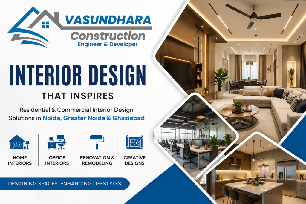Modern residential and office interior design by Vasundhara Construction, offering professional interior designer services in Noida, Greater Noida, and Ghaziabad.
