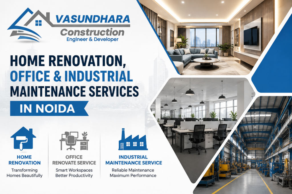 Professional thumbnail showcasing Home Renovation, Office Renovation, and Industrial Maintenance Services in Noida by Vasundhara Construction with modern home, office workspace, and industrial facility visuals.